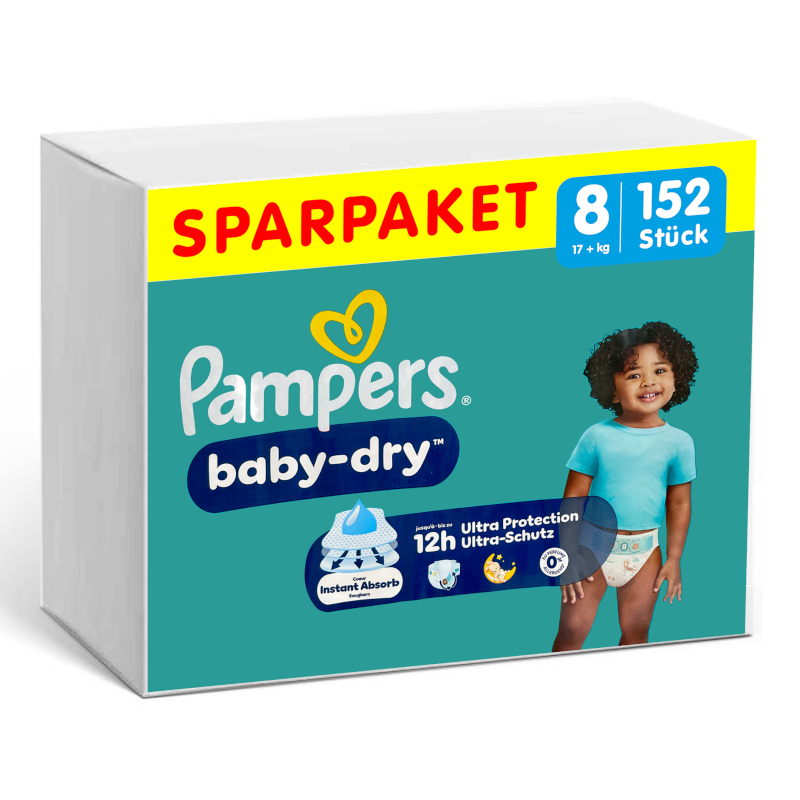 Preview: Vorderseite einer Packung Pampers Baby Dry Größe 8.